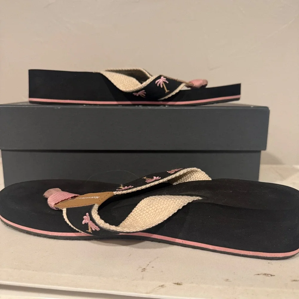 Margaritaville Breezy Wedge Sandals Womens 9 Black Pink Excellent Palm Tree